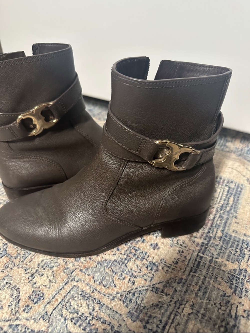 Tory Burch Women's Dark Brown Leather Ankle Boots with Strap Detail